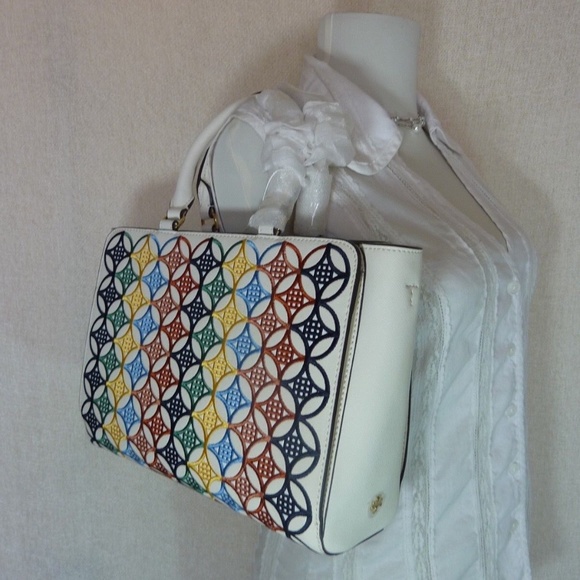 Tory Burch Robinson New Ivory  Embroidered Small Tote Bag/Satchel/Crossbody Bag - Picture 7 of 13